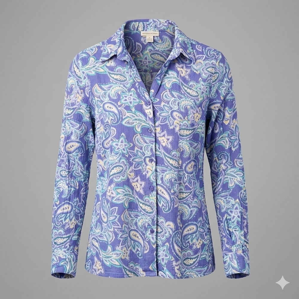 Appleseeds Floral Paisley Cotton Button Up Blouse Large Spring Cottagecore